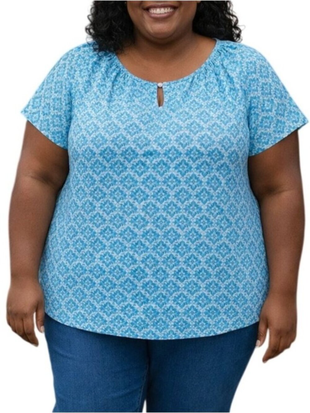 Just My Size Plus Size 2X (18W-20W) Top Blue Print Keyhole Neckline Cap Sleeve